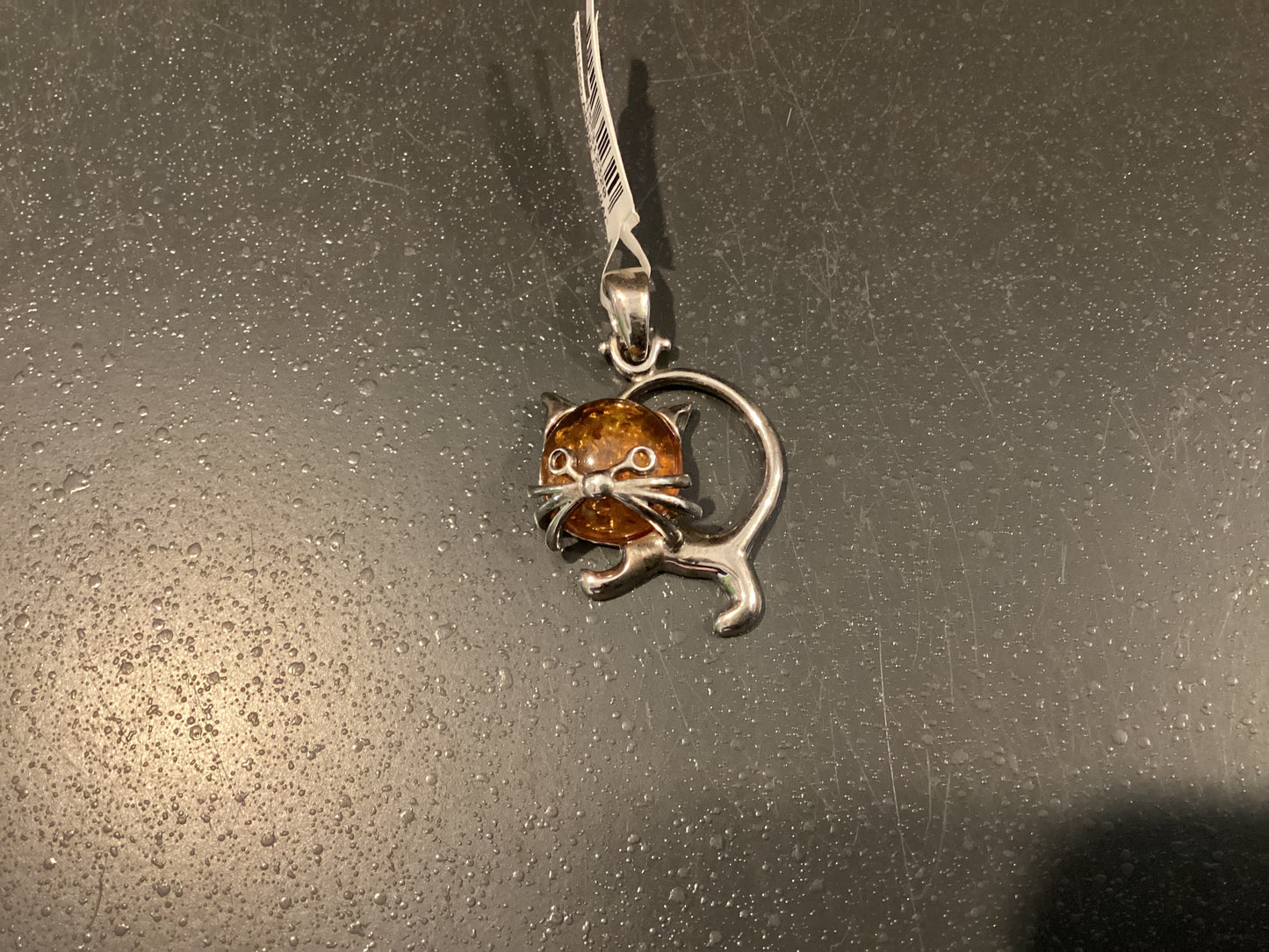 Pendentif chat argent et ambre